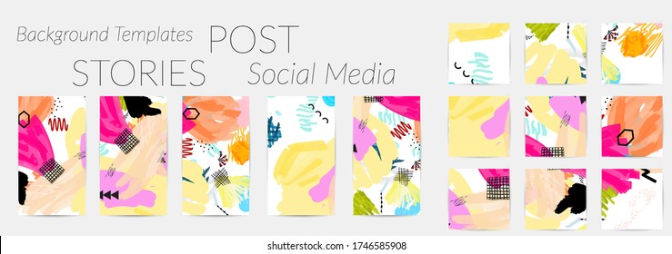 Social media story templates. Bright colored with hand drawn scribbles Easter holiday textures. Seasonal sale banner. Birthday party or anniversary invitation. Spring holiday art background set.