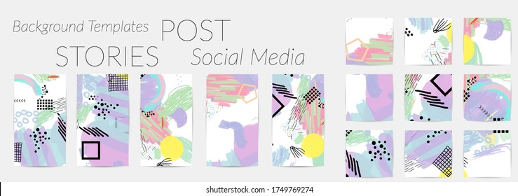 Social media story templates. Bright colored with hand drawn scribbles Easter holiday textures. Seasonal sale banner. Birthday party or anniversary invitation. Spring holiday art background set.