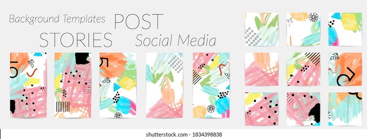 Social media story templates. Bright colored with hand drawn scribbles Easter holiday textures. Seasonal sale banner. Birthday party or anniversary invitation. Spring holiday art background set.