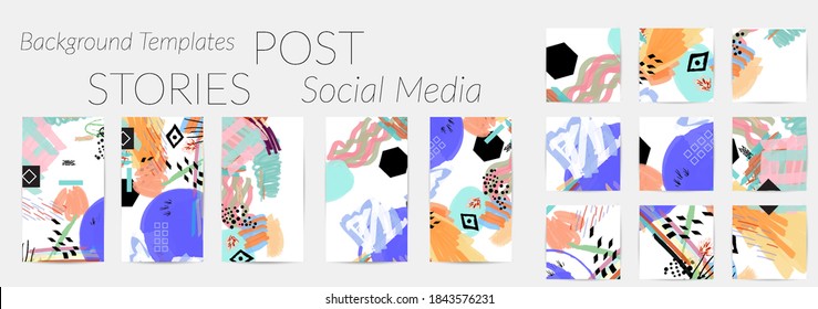 Social media story templates. Bright colored with hand drawn scribbles Easter holiday textures. Seasonal sale banner. Birthday party or anniversary invitation. Spring holiday art background set.