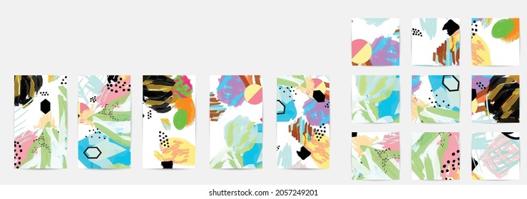 Social media story templates. Bright colored with hand drawn scribbles Easter holiday textures. Seasonal sale banner. Birthday party or anniversary invitation. Spring holiday art background set.