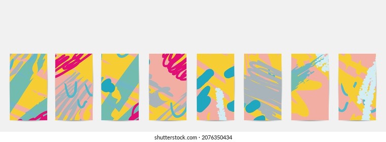 Social media story templates. Bright colored with hand drawn scribbles Easter holiday textures. Seasonal sale banner. Birthday party or anniversary invitation. Spring holiday art background set.