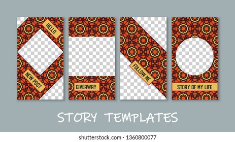 Social media story templates collection. Transparent checkered backgrounds. Hello. New post. Giveaway. Follow me. Story of my life
