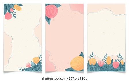 Social media story templates set with floral design. Pastel backgrounds with flowers, leaves and abstract elements. Perfect for Valentines Day, Mothers Day and spring celebration. Vector illustration.