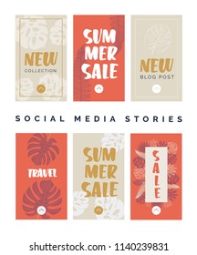 Social media story templates for small businesses, brands, and bloggers. Modern hand lettering and vector illustrations for social media, mobile apps, ads, etc. Summer, palm leaves, sale, promotion.