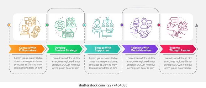 Social media strategies for advocacy rectangle infographic template. Data visualization with 5 steps. Editable timeline info chart. Workflow layout with line icons. Myriad Pro-Bold, Regular fonts used