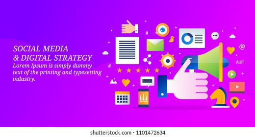 Social media strategy - Advertising on social network - Social media marketing colorful vector banner with icons