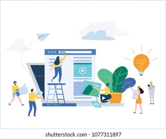 social media strategy flat illustration.
network business marketing vector banner concept.
small people working laptop application development process.
cartoon character design for web mobile