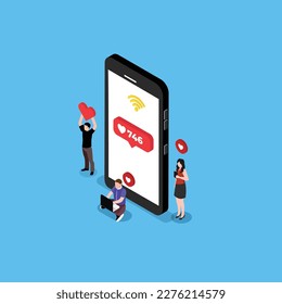Social media strategy to get many likes 3d isometric vector illustration concept for banner, website, landing page, ads, flyer template