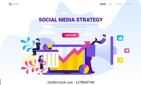 Social media strategy illustration. Social media marketing design for website, landing page, banner or print. Trendy flat vector illustration with small characters.