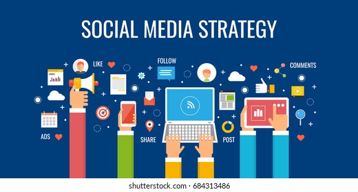 Social Media Strategy, Social Network Business Marketing Vector Banner With Icons Isolated On Dark Background
