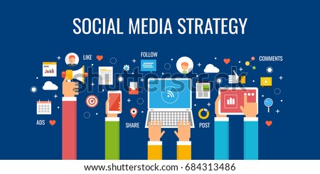 Social media strategy, social network business marketing vector banner with icons isolated on dark background