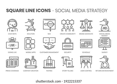 Social Media-Strategie, quadratische Linie Symbol gesetzt. Die Illustrationen sind ein Vektorgrafik, bearbeitbarer Strich, 32 x 32 Matrix Raster, Pixel perfekte Dateien.