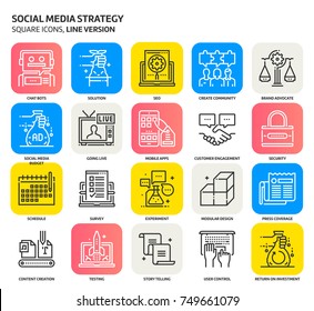 Social media strategy, square icon set. The illustrations are a vector, editable stroke, thirty-two by thirty-two matrix grid, pixel perfect files. Crafted with precision and eye for quality.