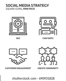 Social Media Strategie, quadratisches Mini-Icon Set. Die Illustrationen sind ein Vektorgrafik, bearbeitbarer Strich, 32 x 32 Matrix Raster, Pixel perfekte Dateien. Hergestellt mit Präzision und Auge für Qualität.