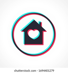 Social media stylized interface house icon with heart in support of self-isolation and staying at home. Glitch modern style. Like for Distancing measures to prevent virus spread. # Stayhome. EPS10