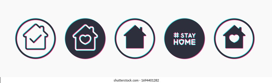 Social media stylized interface icon set in support of self-isolation and staying at home. Glitch modern style. Distancing measures to prevent virus spread. Covid19 signs. # Stay at home. Vector EPS10