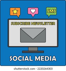 Social media. Subscribe newsletter. Computer monitor with internet communication symbols
