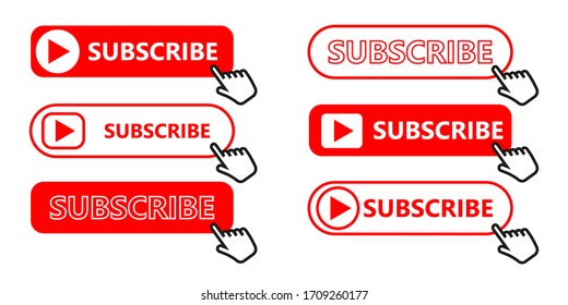 Botón de suscripción a medios sociales. Suscríbase al canal de video, blog y boletín. Botón rojo con cursor de mano para la suscripción. Estilo plano. Ilustración del vector