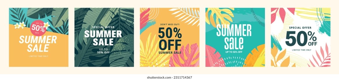 Social media summer sale banner designs. Vector illustrations for shopping, e-commerce, social network, marketing, Internet ads, web banners.