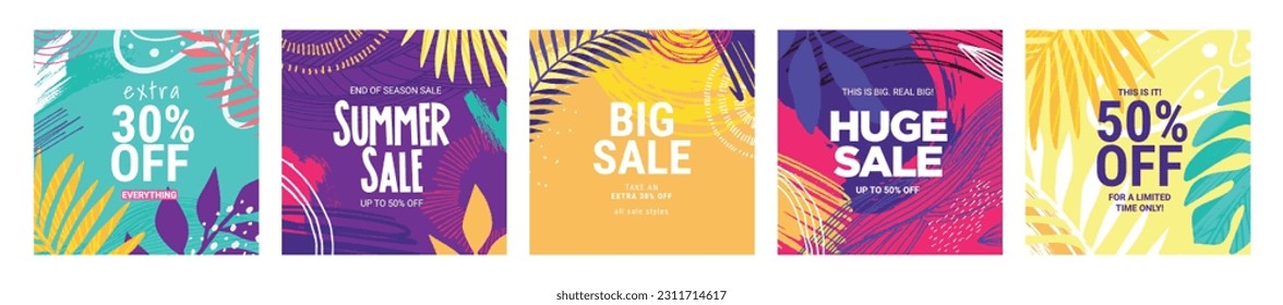 Social media summer sale banner designs. Vector illustrations for shopping, e-commerce, social network, marketing, Internet ads, web banners.