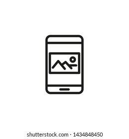 Social media surfing line icon. Smartphone with picture on screen. Social media concept. Vector illustration can be used for topics like digital device, camera, photography