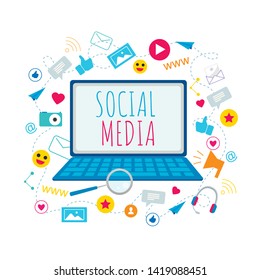 Social Media Symbol on Notebook Screen Vector Illustration. Global Internet Communication. Computer Chat Online. Content Message, Follow Friend, Network Post, Smiley Heart Reaction