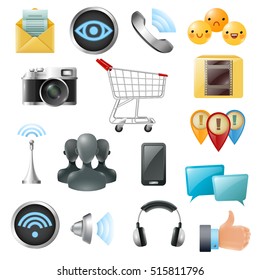 Símbolos de los medios sociales accesorios equipamiento brillantes colección de iconos con auriculares celulares como ejemplo emoticonos aislados ilustración vector emoticonos