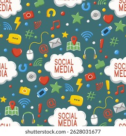 social media symbols and devices seamless pattern background.