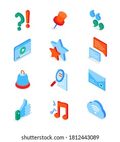 Social media symbols - modern isometric icons set. Marketing and networking idea. Question and exclamation marks, pin, quotes, stars, chat, bell, search, email, thumb up, musical notes, cloud storage