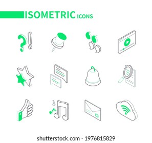 Social media symbols - modern line isometric icons. Marketing and networking idea. Question and exclamation marks, pin, quotes, stars, chat, bell, search, email, thumb up, musical notes, cloud storage