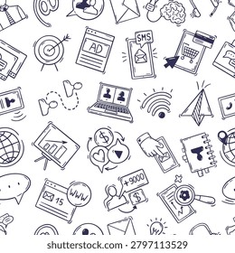 Social media symbols seamless pattern. Doodle communication in messenger and chat. Digital marketing, internet, online shopping, neoteric vector background
