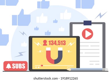 Social Media, Tablet make content creator magnetically attractive create video. Media Influencers Calling Visitors.  Vector illustration flat design for banner, and website.