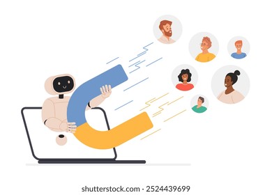 Social media, target marketing automation with AI service and chatbot. Cute robot holding magnet to attract community of potential clients, group of customer characters cartoon vector illustration