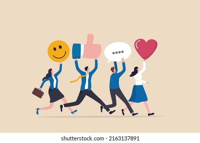 Social media team, community management or online advertising, manage social network service, SNS concept, business people social media team holding thumb up, love, speech bubble and smile sign.