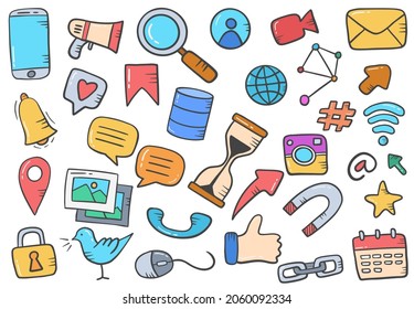 social media technology concept doodle hand drawn set collections with flat outline style