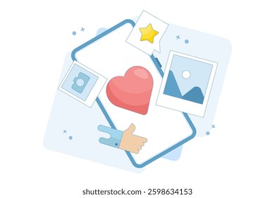 Social media and technology concept with smartphone, like buttons and geometric shapes, chat. Online social communication app concept. Flat vector illustration on background.