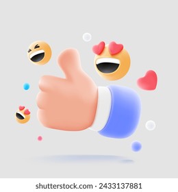 Social media and technology icon, like button and emoji with copy space, 3d vector 