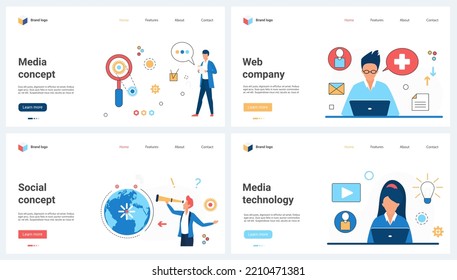 Social media technology, network set vector illustration. Cartoon members of virtual platform work online, global chat communication of people concept for banner, website design or landing web page