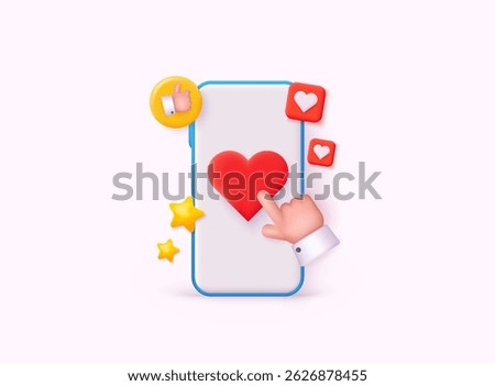 Social media and technology with smartphone. Hand press like button. Online social communication applications concept. 3D Web Vector Illustrations.