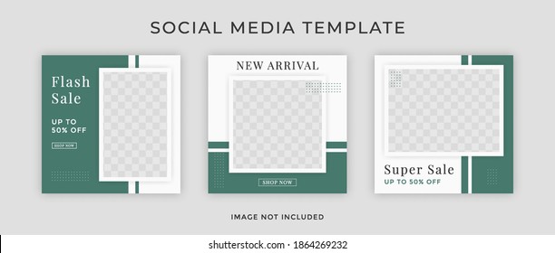 Social media template for ad. Web banner square for fashion sale. Design with green color.