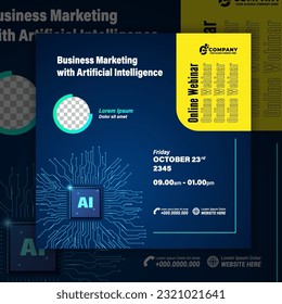 Social media template artificial intelligence (AI). Webinar, online course, and seminar flyer. Explore new trend technology artificial intelligence program university