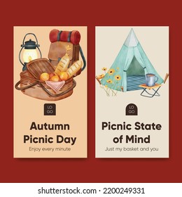 Social media template with autumn camping picnic concept,watercolor style