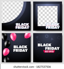 Social Media Template Banner For Black Friday And Cyber Monday. Fully Editable Instagram And Facebook Square Post Frame Puzzle Organic Sale Poster. Pink Red Vector Background