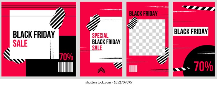 Social Media Template Banner For Black Friday And Cyber Monday. Fully Editable Instagram And Facebook Square Post Frame Puzzle Organic Sale Poster. Pink Red Vector Background