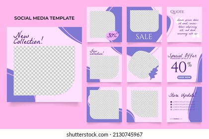 promoción de venta de moda en blog de plantillas de medios sociales. afiche de venta orgánica del puzzle cuadrado post del rompecabezas completamente editable. fondo vectorial de forma de elemento púrpura rosa