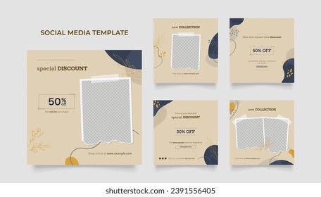 Social media template banner blog fashion sale promotion. fully editable square post frame puzzle organic sale poster. blue beige vector background