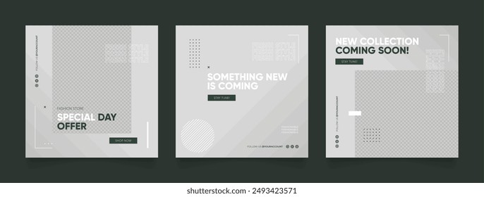 social media template banner blog fashion sale promotion. fully editable square post frame puzzle organic sale poster. grey green element shape vector background