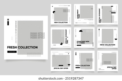 social media template banner blog fashion sale promotion. fully editable square post frame puzzle organic sale poster. black white element shape vector background