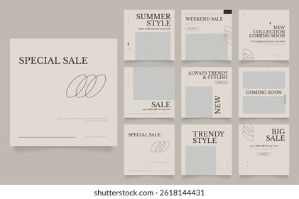 modelo de mídia social banner blog moda venda promoção. totalmente editável quadrado post quadro quebra-cabeça orgânico venda poster. fresco marrom elemento forma vetor fundo